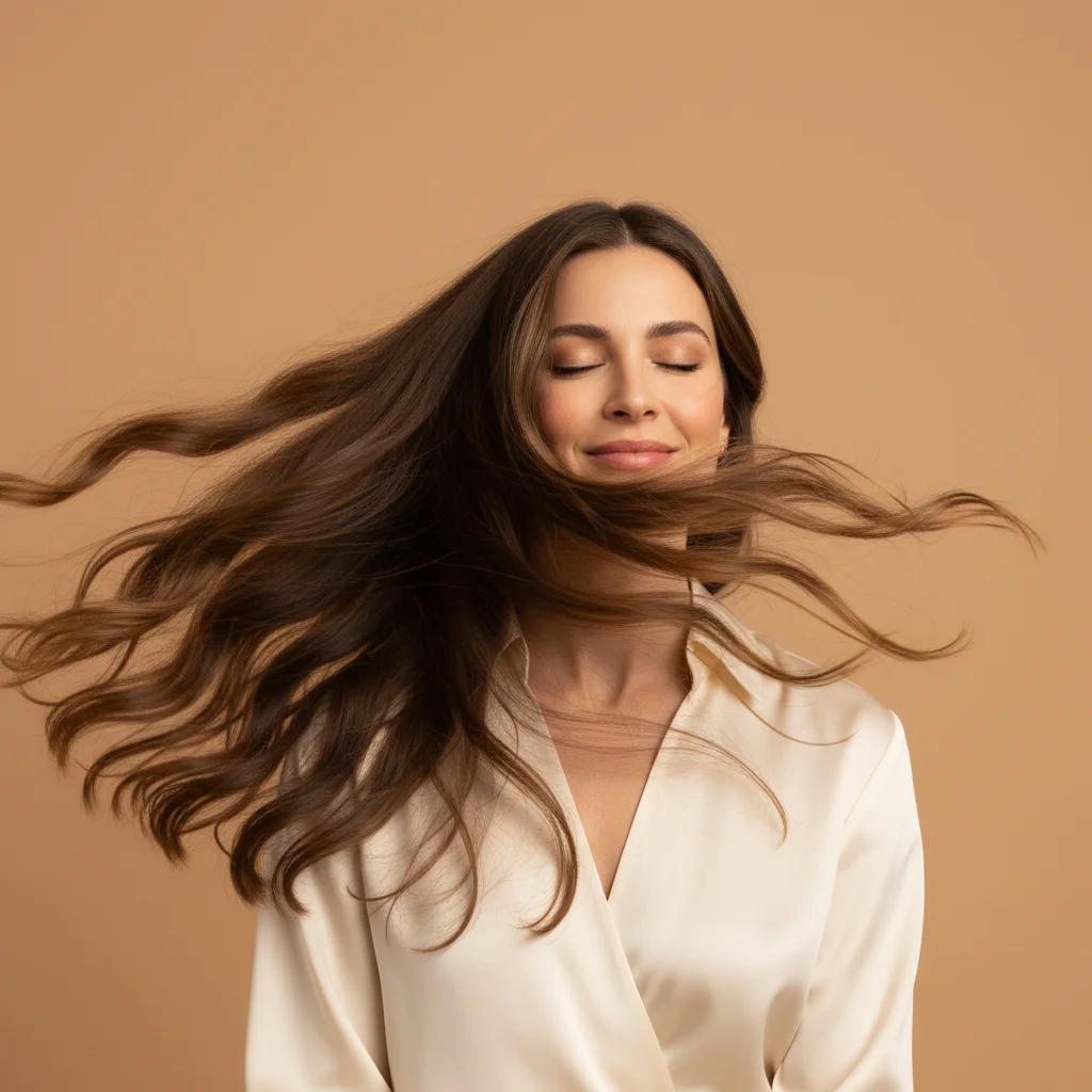 A professional editorial portrait of a woman with her eyes closed and a peaceful smile, captured mid-motion as she shakes her head