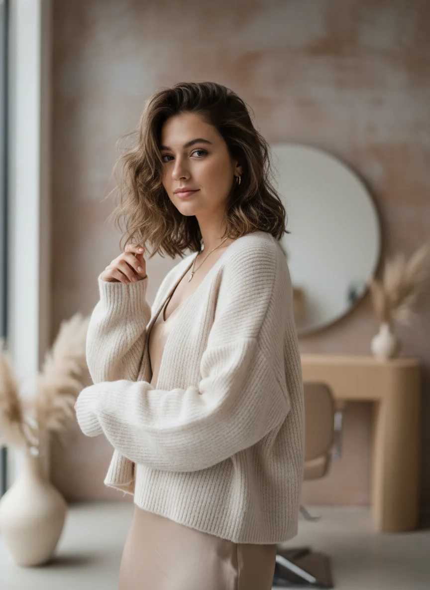 A cool, effortless Gen Z portrait of a woman with lived-in, textured hair